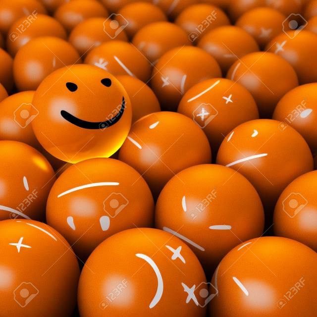 Una bola sonriente en la parte superior del montón de bolas enojados con diferentes emociones
