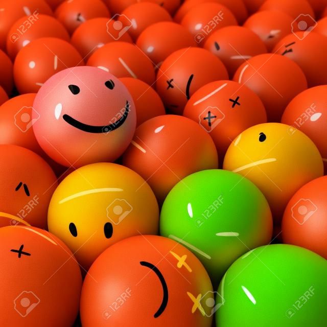 Una bola sonriente en la parte superior del montón de bolas enojados con diferentes emociones
