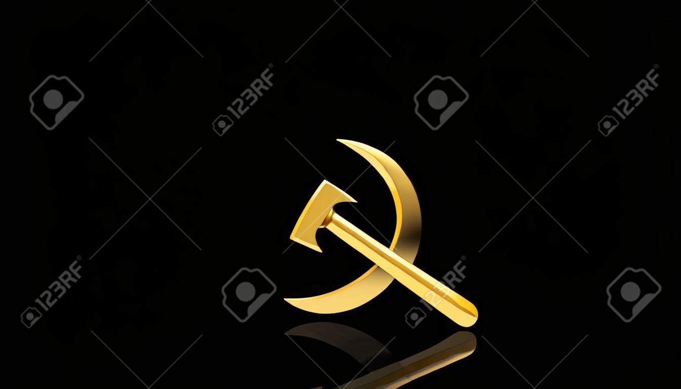 Faucille d'or et le symbole de marteau sur fond noir avec la réflexion et copyspace. Bon pour la diapositive de socialisme avec le texte