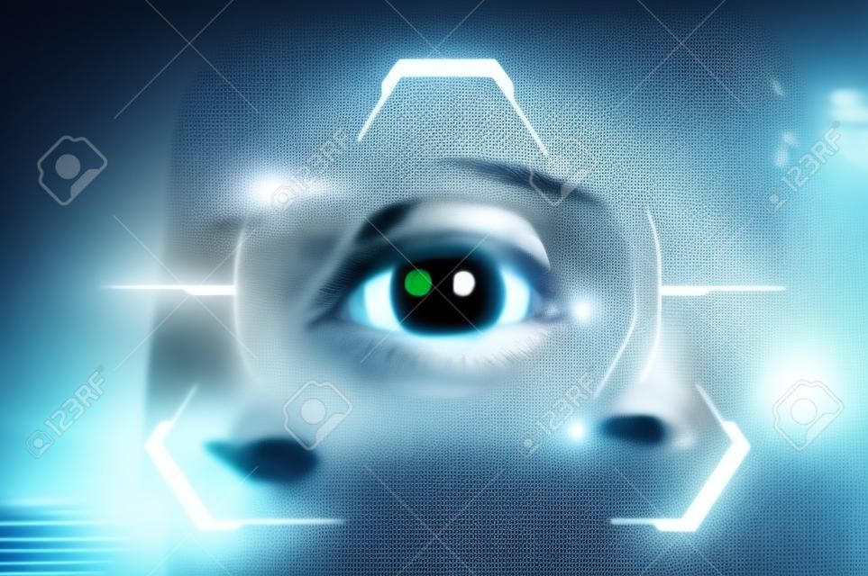 L'immagine a doppia esposizione dell'occhio della donna d'affari sovrapposta con un ologramma futuristico. Il concetto di vita moderna, futuristico, tecnologia, scanner dell'iride e Internet delle cose.