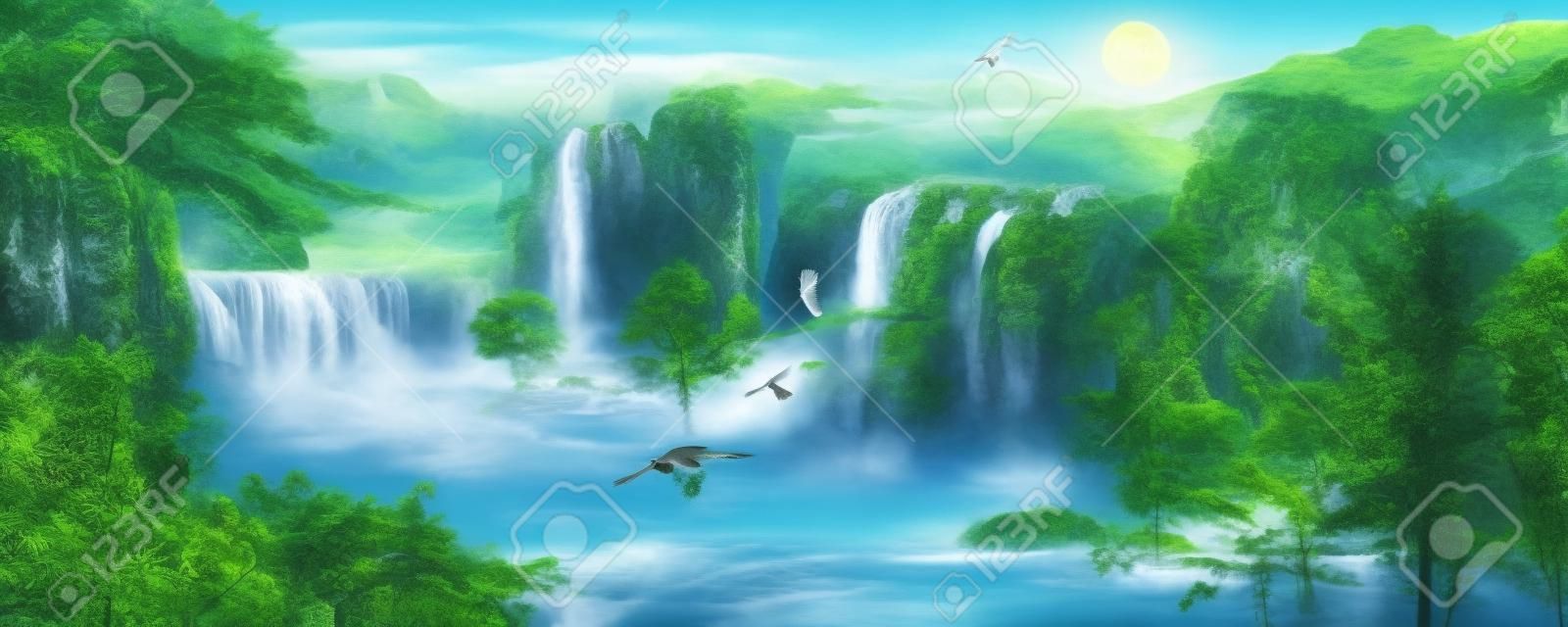 Illustrazione del paesaggio - cascata, foresta, montagne, uccelli in volo