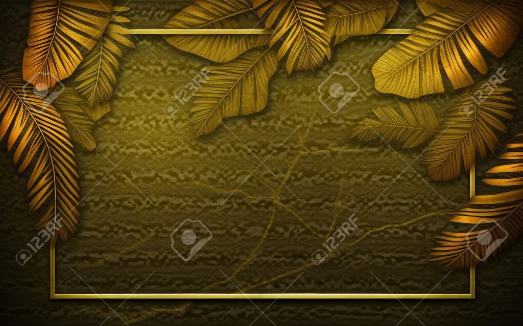 Illustration 3d, grandes feuilles tropicales sombres et dorées avec un cadre sur un fond grunge sombre avec des fissures