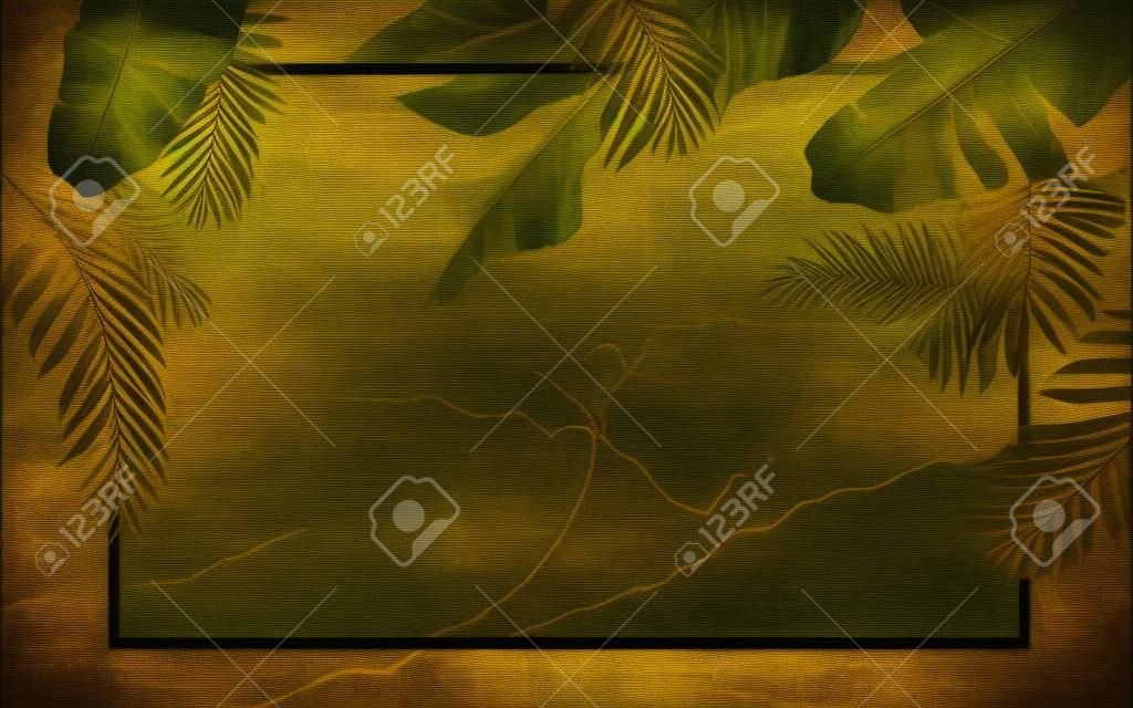 illustrazione 3d, grandi foglie tropicali scure e dorate con una cornice su uno sfondo grunge scuro con crepe