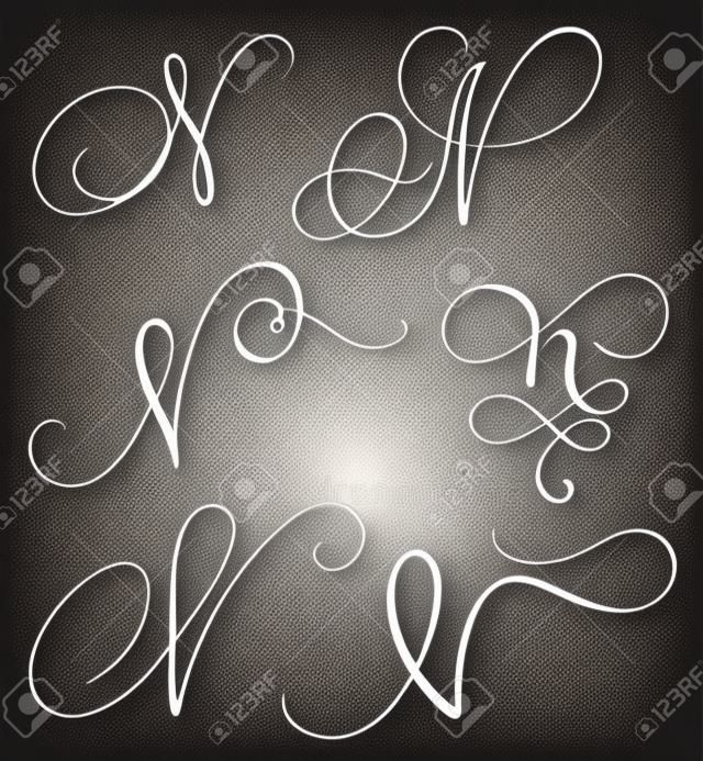set of art calligraphy letter N with flourish of vintage decorative whorls. Vector illustration EPS10