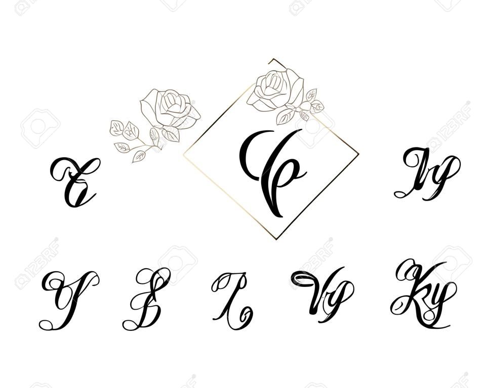 Alfabet monogram odręcznie kaligrafii serca. Valentine kursywa czcionka z czcionką serca kwitnie. Śliczne litery na białym tle. Na pocztówkę lub plakat dekoracyjny projekt graficzny