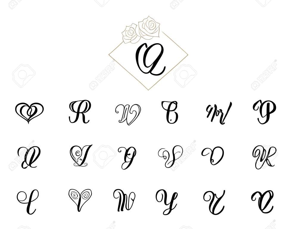 Alfabet monogram odręcznie kaligrafii serca. Valentine kursywa czcionka z czcionką serca kwitnie. Śliczne litery na białym tle. Na pocztówkę lub plakat dekoracyjny projekt graficzny