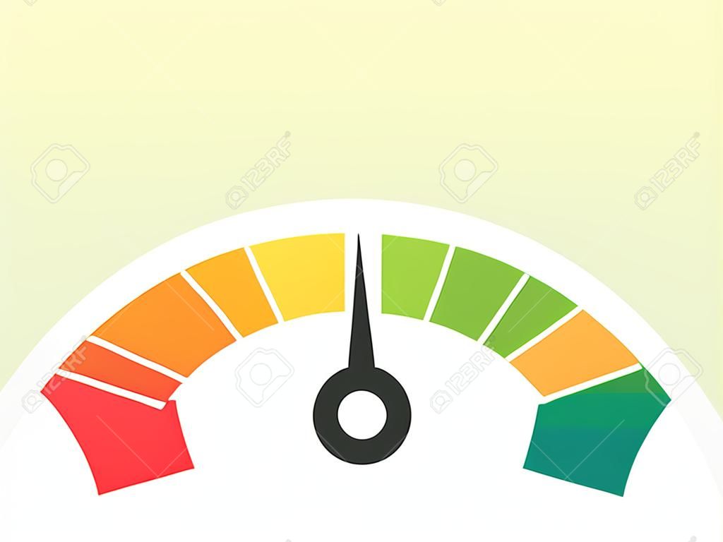 녹색, 노란색, 주황색 및 빨간색 표시기가 있는 대시보드용 화살표가 있는 벡터 속도계 미터입니다. 타코미터 게이지. 낮음, 중간, 높음 및 위험 수준. 비트코인 공포와 탐욕 지수 암호화폐