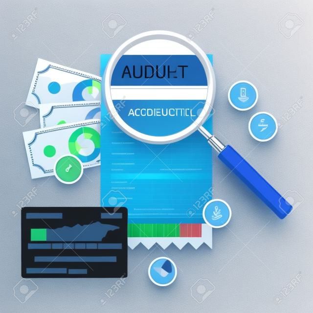 Auditing concept. Realistic design of accounting, research, calculating, management, financial analysis. Top view. Business background with desktop elements.