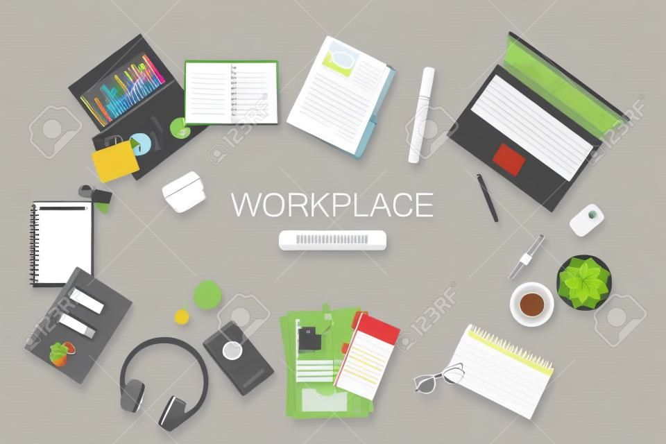 Top view of modern office workplace, office supplies, documents, laptop, pen, paper, coffee , glasses, phone, haedphones, notebook , folder,planner, clock. Flat vector illustration.