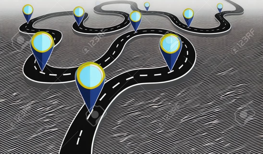 Winding road with pin pointer  vector illustration. Progress concept