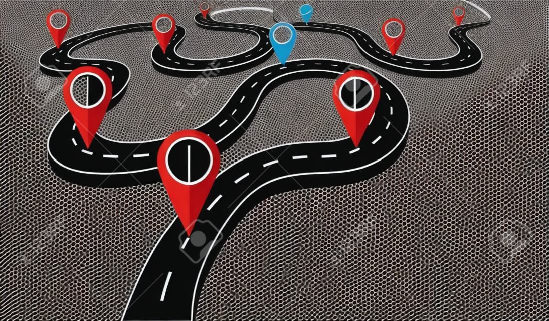 Winding road with pin pointer  vector illustration. Progress concept