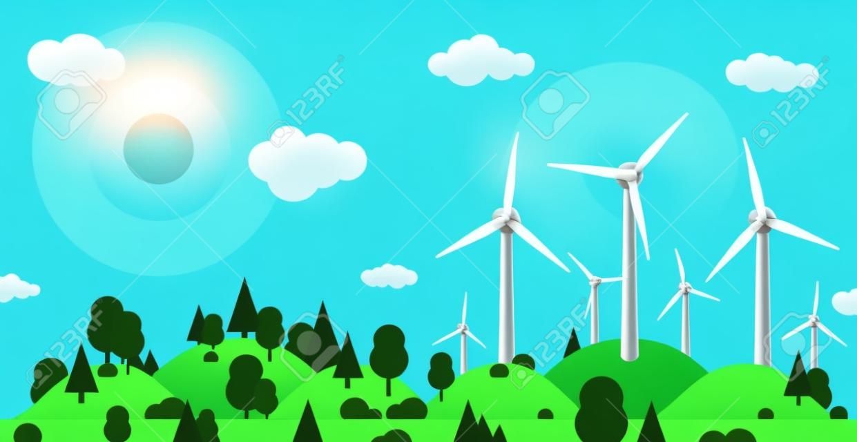 Windkraftanlagen auf grünem Hügel und Sommergrünwald auf klarem blauem Himmel des Hintergrundes