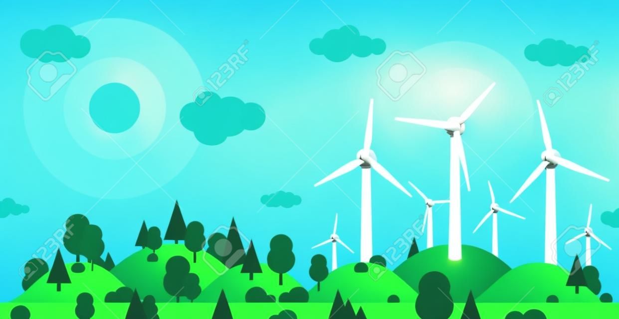 Windkraftanlagen auf grünem Hügel und Sommergrünwald auf klarem blauem Himmel des Hintergrundes