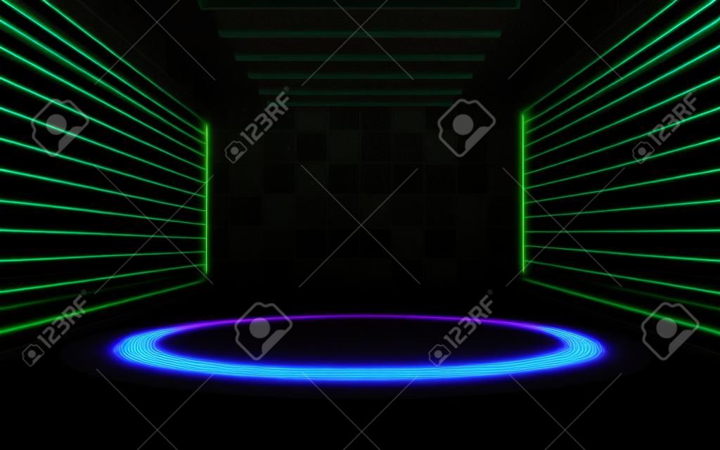 Palco vuoto e linee al neon nella stanza buia, rendering 3d. disegno digitale al computer.