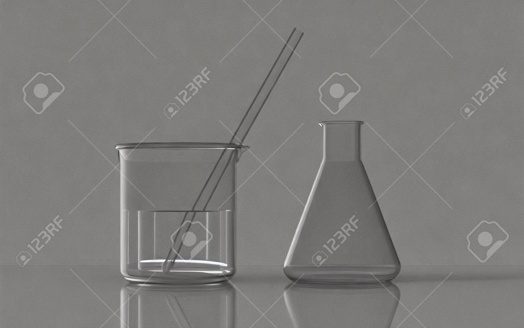Beaker and empty conical flask in the lab, 3d rendering. Digital drawing.