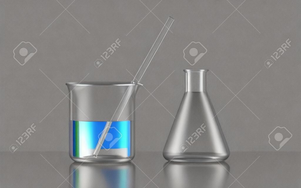 Beaker and empty conical flask in the lab, 3d rendering. Digital drawing.