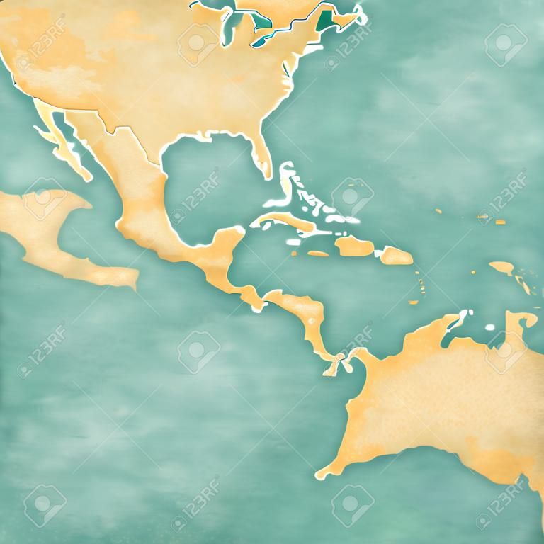 Carte vierge de l'Amérique centrale et des Caraïbes La carte est dans le style de cru de l'été et de l'humeur ensoleillée La carte dispose d'un grunge doux et ambiance cru, qui agit comme une aquarelle