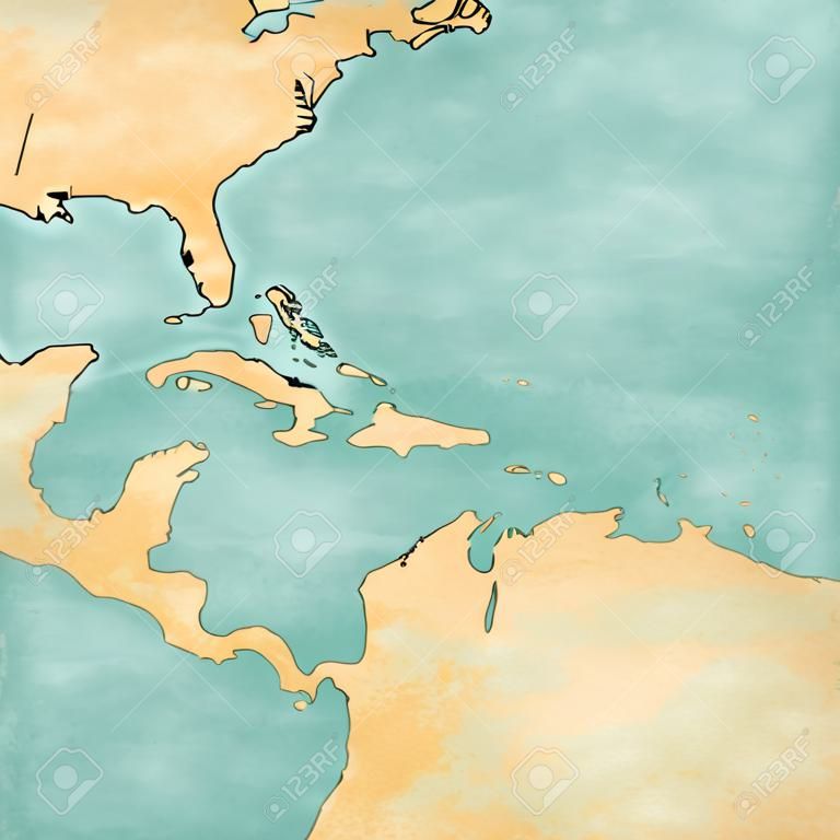 Blank Karte von Karibik und in Zentralamerika Die Karte ist im Vintage-Stil und sonnigen Sommer Stimmung Die Karte hat eine weiche Grunge und vintage Atmosphäre, die wie ein Aquarell wirkt