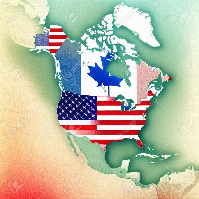 USA and Canada on the outline map of North America. The Map is in vintage summer style and sunny mood. The map has a soft grunge and vintage atmosphere, which acts as watercolor painting on old paper.