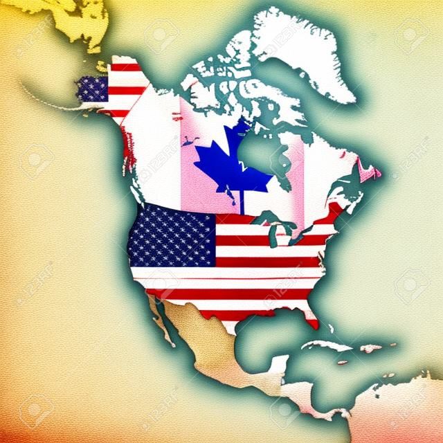 美國和加拿大北美的輪廓地圖上。該地圖是老式的夏日風情和陽光明媚的心情。該地圖具有柔軟垃圾和復古的氛圍，作為對舊紙水彩畫。