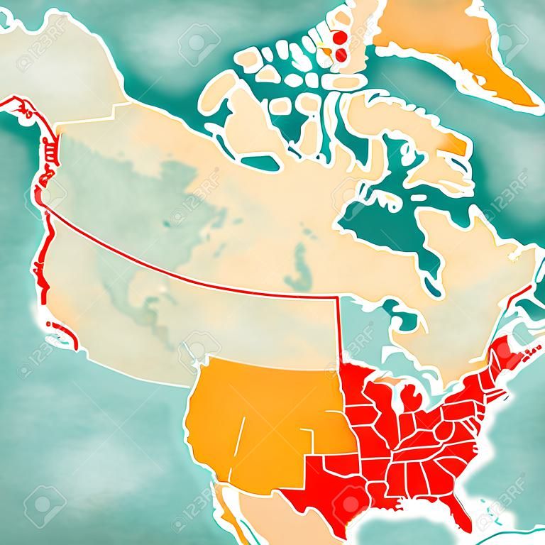 Estados Unidos no mapa da América do Norte em estilo grunge macio e vintage, como papel velho com pintura aquarela.