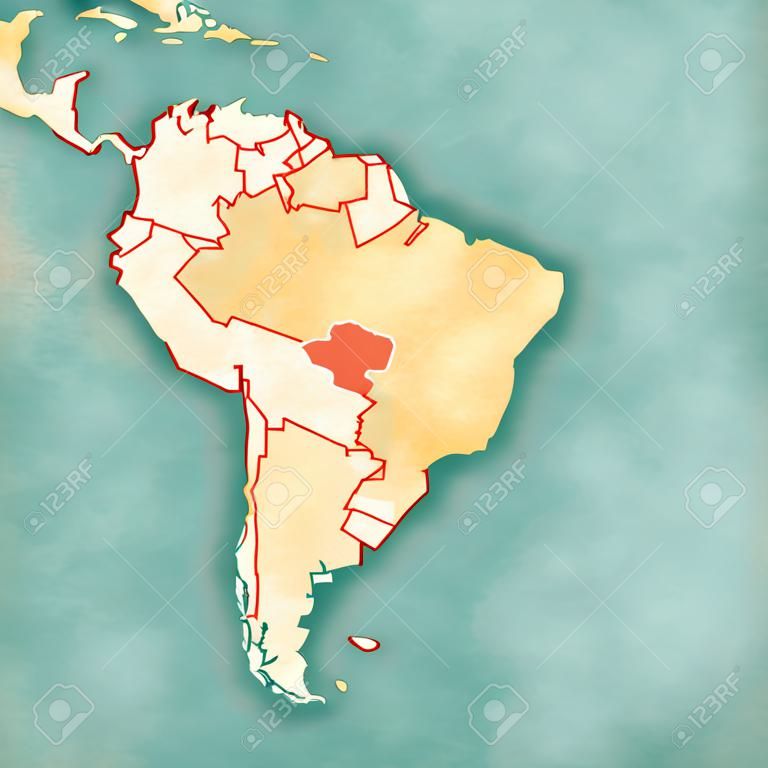 Paraguay auf der Karte von Südamerika im weichen Grunge- und Vintage-Stil, wie altes Papier mit Aquarellmalerei.