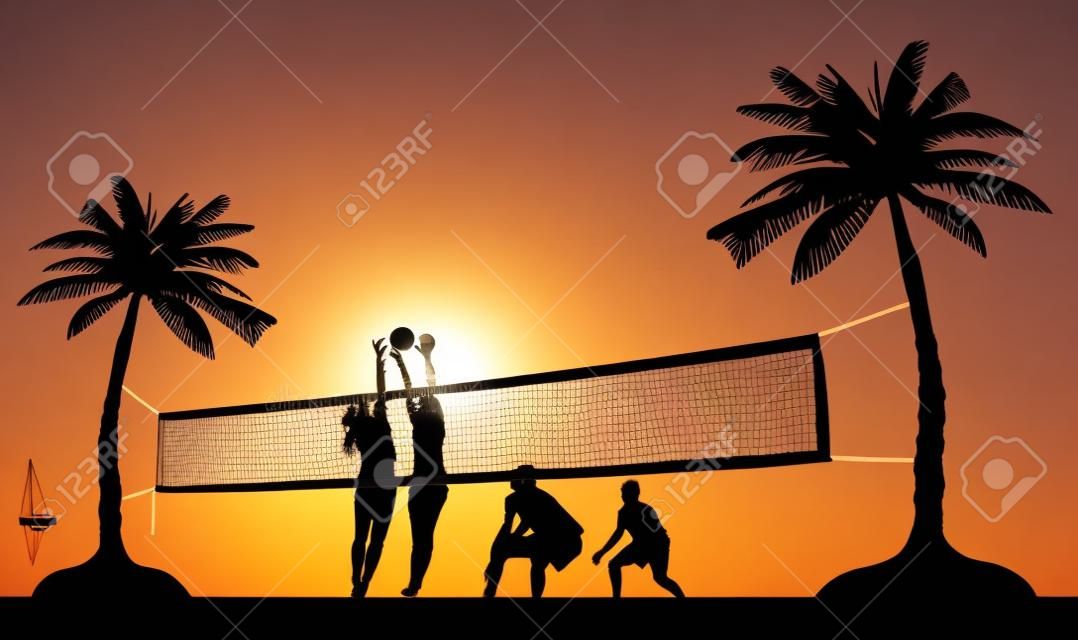Girls and boys playing volleyball on the beach between the palm trees silhouette
