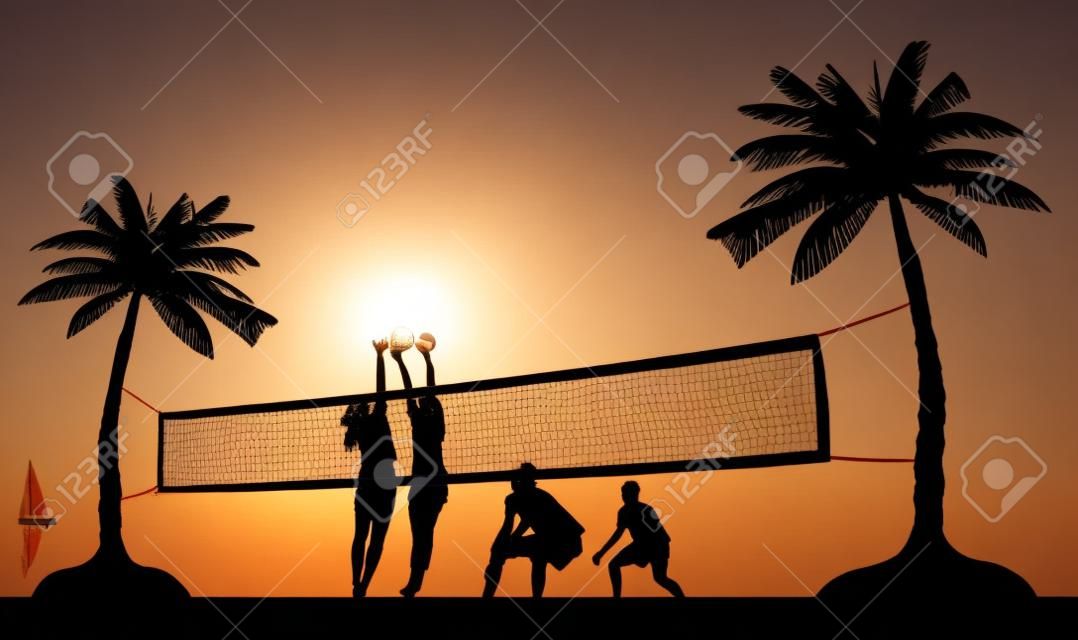 Mädchen und Jungen spielen Volleyball am Strand zwischen den Palmen Silhouette