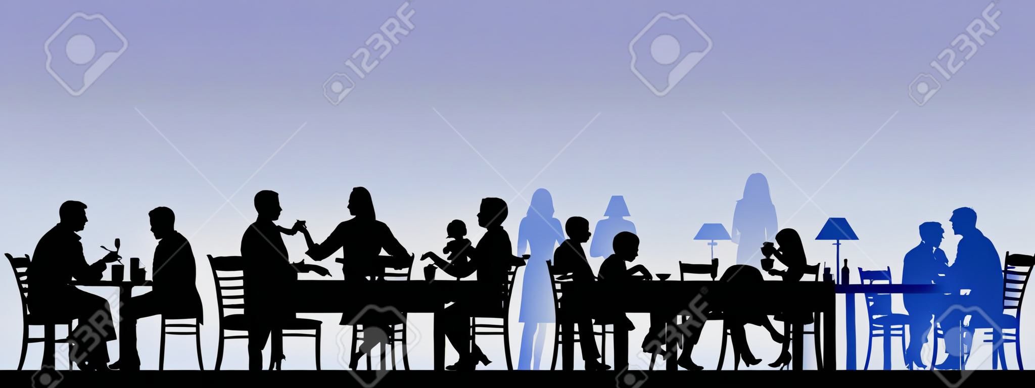 Silhouette of people eating in a restaurant with all figures as separate objects layered