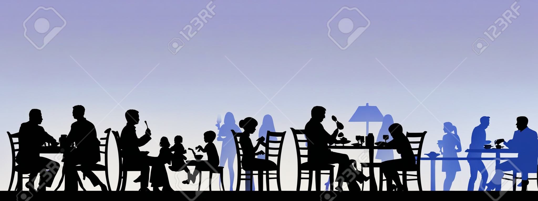 Ayrı nesneler gibi tüm rakamları ile bir restoranda yemek Silhouette insanlar katmanlı