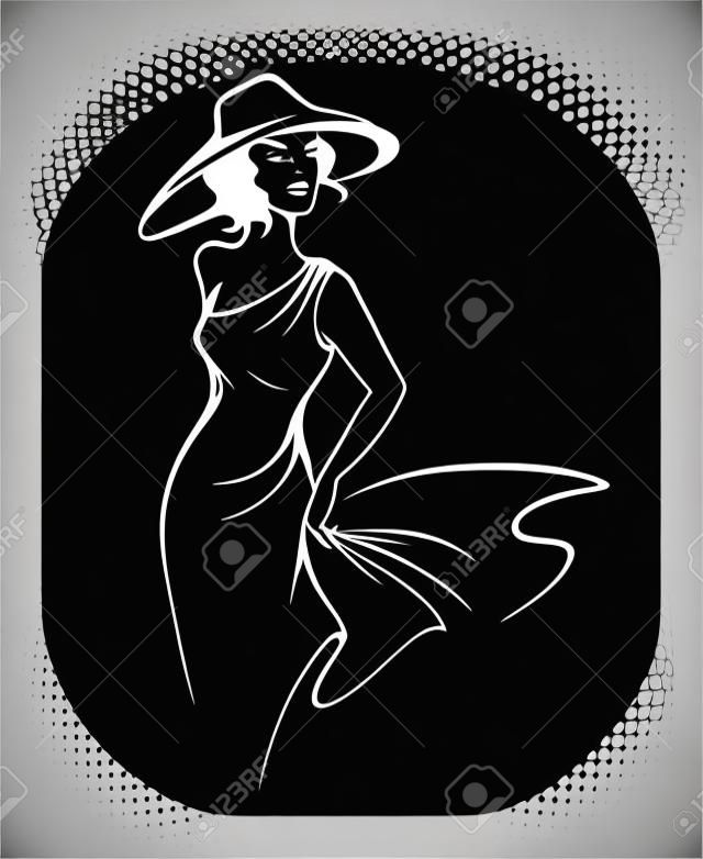 Silhouette of beautiful woman in hat in outline style vector