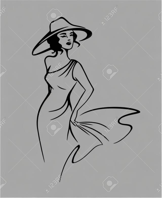 Silhouette piękne kobiety w kapeluszu w stylu szkic wektor