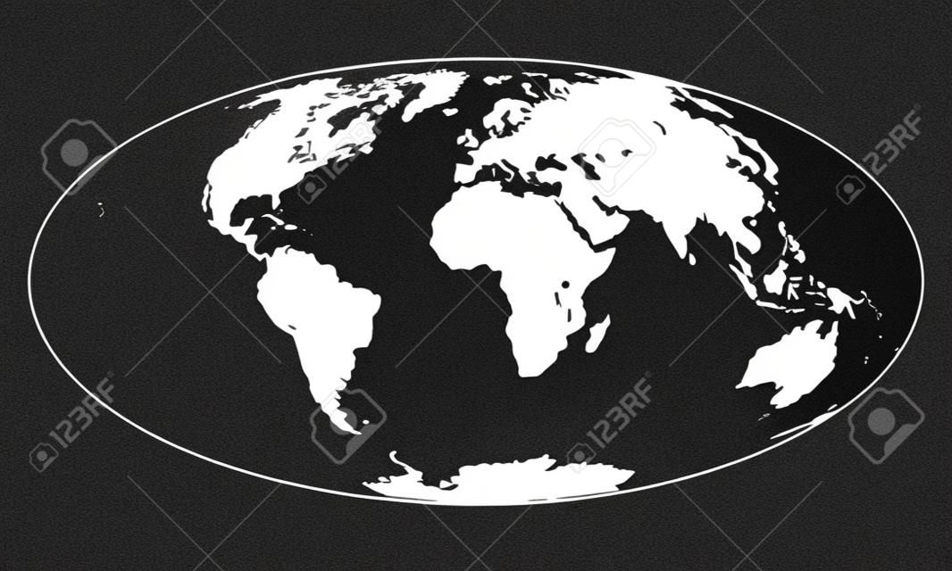 Silhouette of Map of the Earth. Monochrome vector illustration of Earth map with black continents and white oceans isolated on white background. Nowadays projection. Stencil. Worldmap