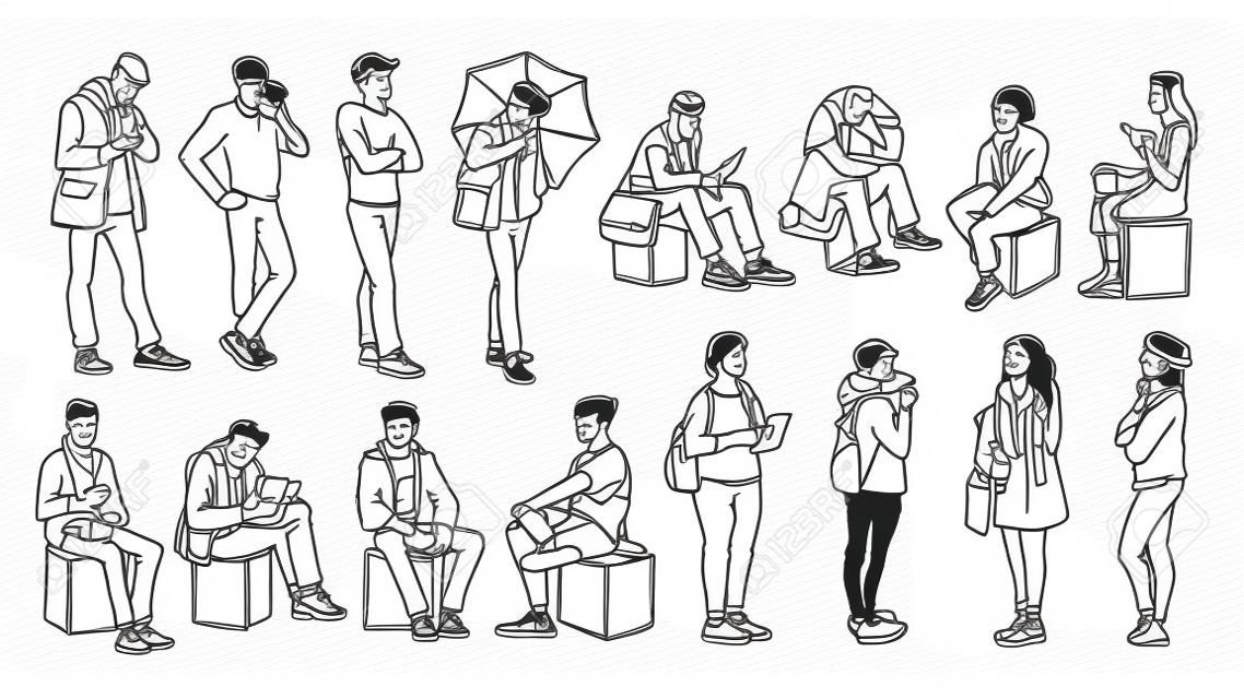 Set of young and adult men and women standing, sitting. Monochrome vector illustration of people in different poses in simple line art style. Hand drawn sketch. Black lines on white background.