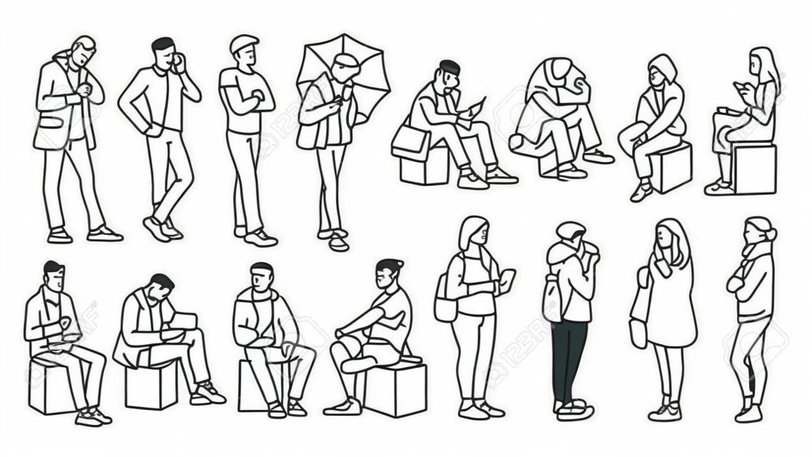 Conjunto de hombres y mujeres jóvenes y adultos de pie, sentados. Ilustración de vector monocromo de personas en diferentes poses en estilo de arte de línea simple. Boceto dibujado a mano. Líneas negras sobre fondo blanco.