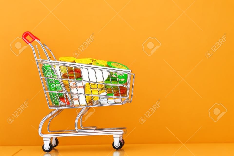 Carrito de supermercado con monedas, monedas en el carrito de compras, concepto de pago y ahorro de dinero, tienda de supermercado, finanzas y dinero