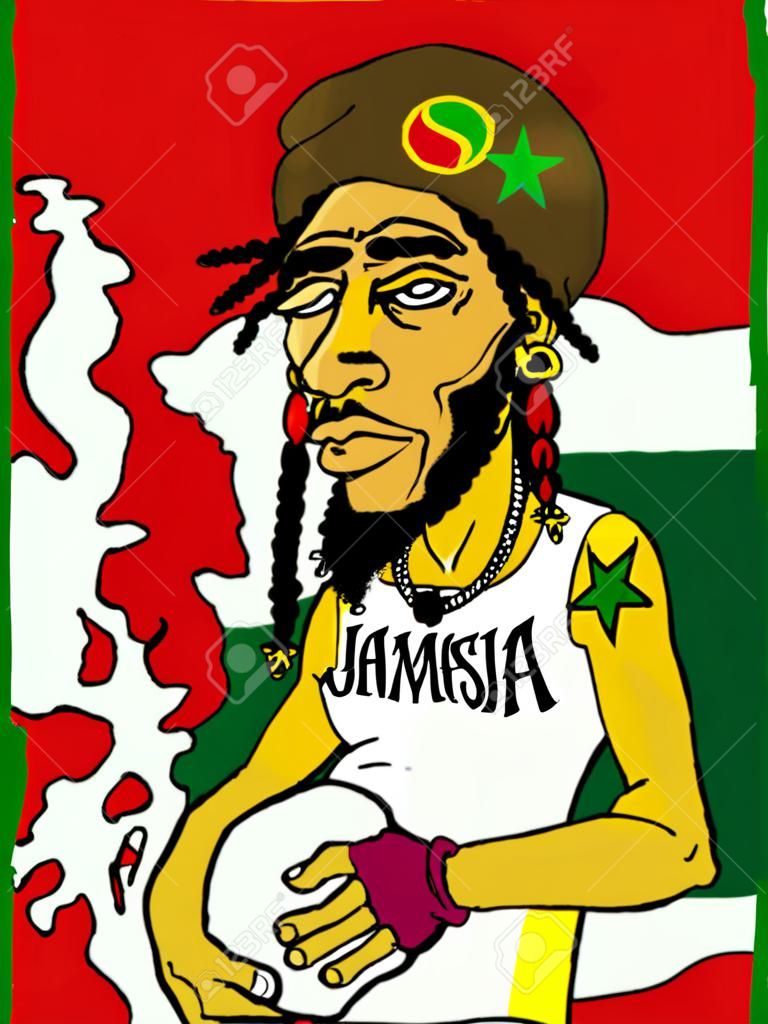 Ilustración de un hombre en una bandera rastafari jamaicano