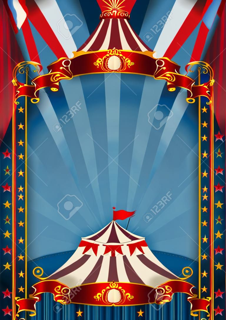 Um circo de fundo azul com um grande espaço de cópia e um grande topo para a sua mensagem.
