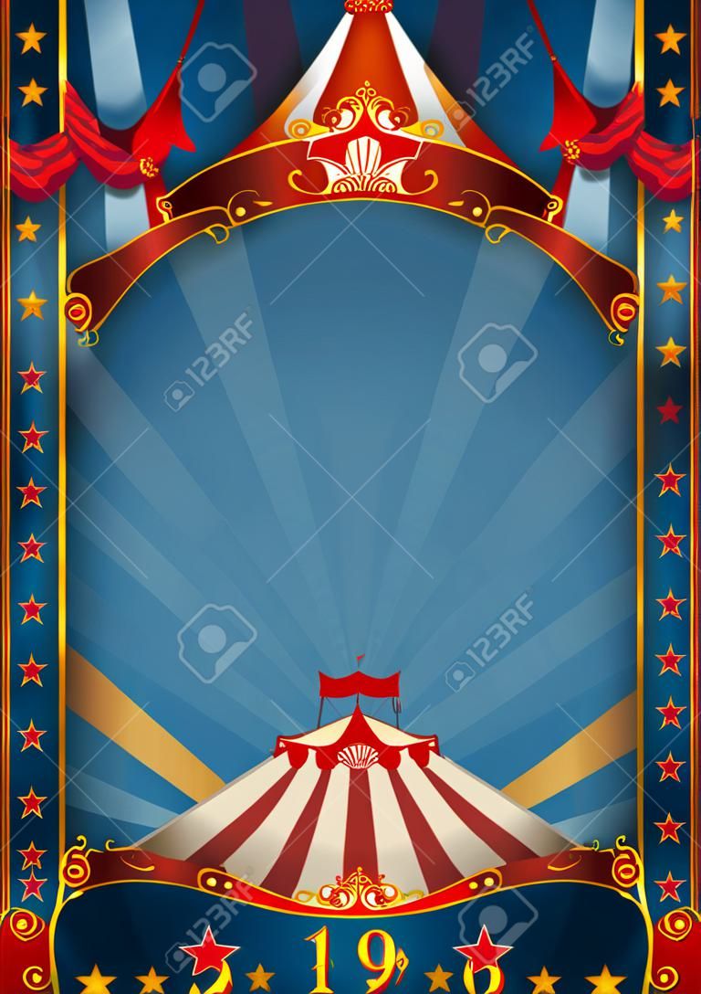 Um circo de fundo azul com um grande espaço de cópia e um grande topo para a sua mensagem.