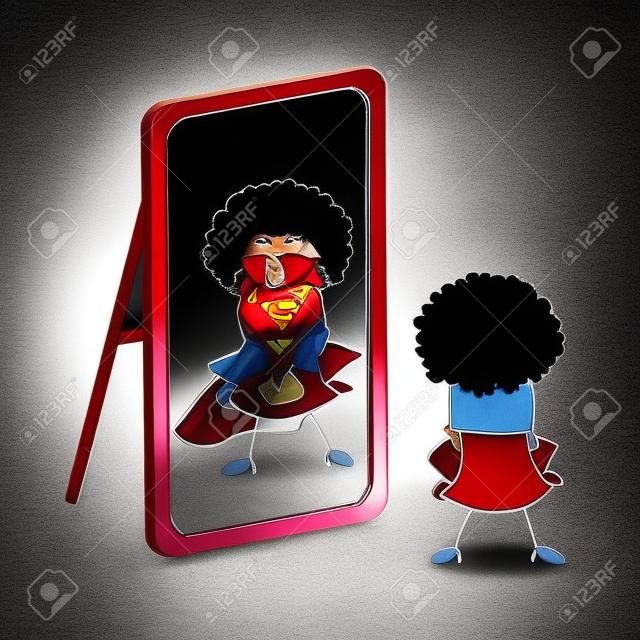 An afro girl looks in the mirror. She sees a supergirl in the reflection. It's a metaphor of the power which is in each person
