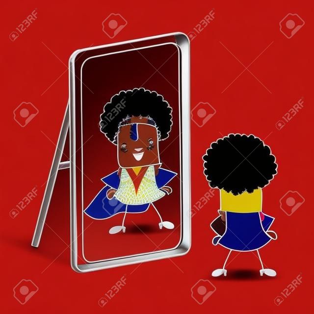 Ein Afro Mädchen schaut in den Spiegel. Sie sieht einen Super in der Reflexion. Es ist eine Metapher für die Macht, die in jedem Menschen ist