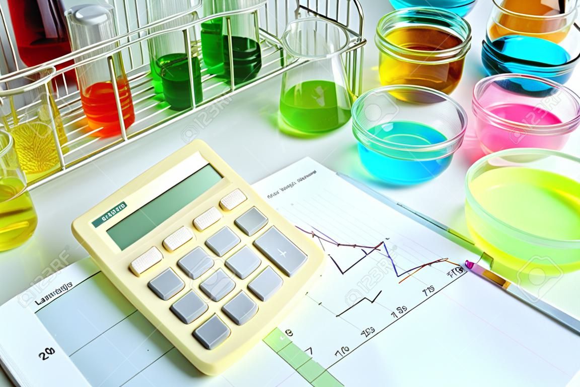 cuaderno en la mesa de laboratorio con líquido colorido en artículos de vidrio