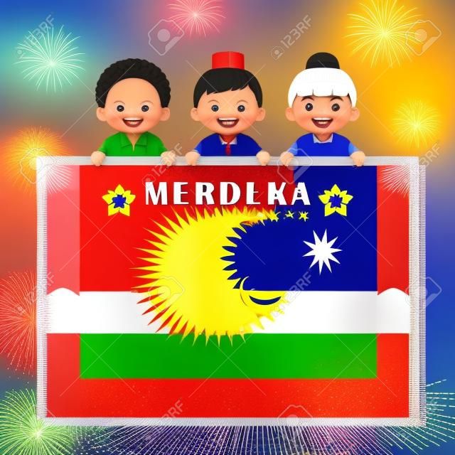 Malaysia National / Independence Day illustration message board. Cute cartoon character kids of Malay, Indian & Chinese with Malaysia flag on colourful fireworks background.