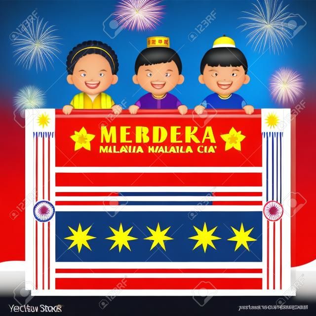Nacional de Malasia / Día de la Independencia ilustración tablero de mensajes. Niños de personaje de dibujos animados lindo de malayo, indio y chino con bandera de Malasia sobre fondo de coloridos fuegos artificiales.
