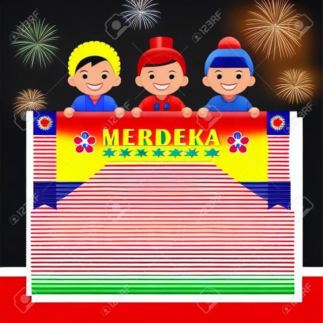 Nacional de Malasia / Día de la Independencia ilustración tablero de mensajes. Niños de personaje de dibujos animados lindo de malayo, indio y chino con bandera de Malasia sobre fondo de coloridos fuegos artificiales.
