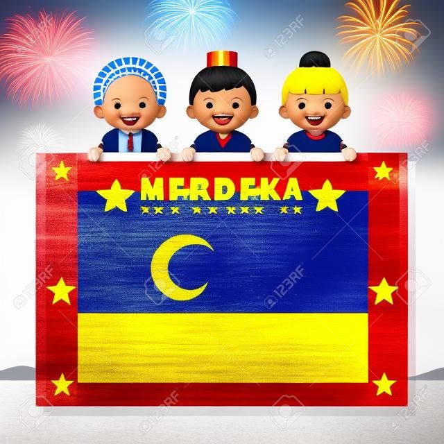 馬來西亞國立/獨立日圖示留言板。可愛的馬來西亞，印度和中國的卡通人物小孩與馬來西亞國旗在五顏六色的煙花背景。