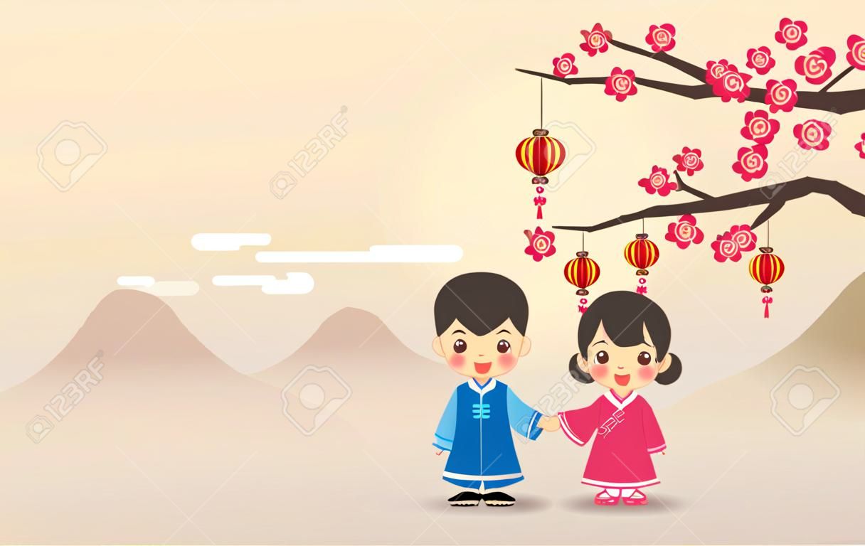 Święto latarni / chińskie walentynki (Yuan Xiao Jie). Kreskówka chiński chłopiec i dziewczynka trzymający się za rękę z latarniami w kształcie serca i drzewem śliwkowym. (podpis: Święto Wesołych Latarni, 15 stycznia)