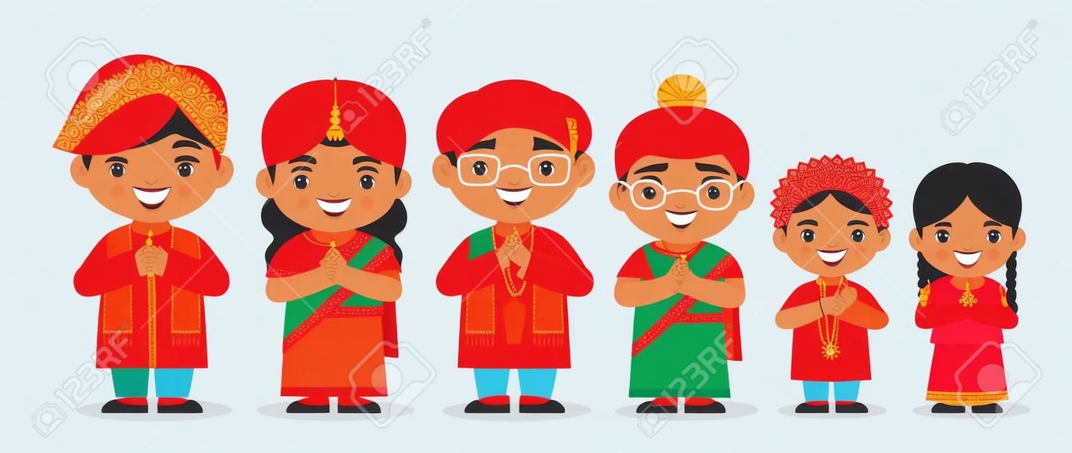 Set di famiglia indiana simpatico cartone animato isolato su priorità bassa bianca. Diwali o carattere deepavali nel disegno vettoriale piatto. Padre, madre, nonno, nonna, fratello e sorella.