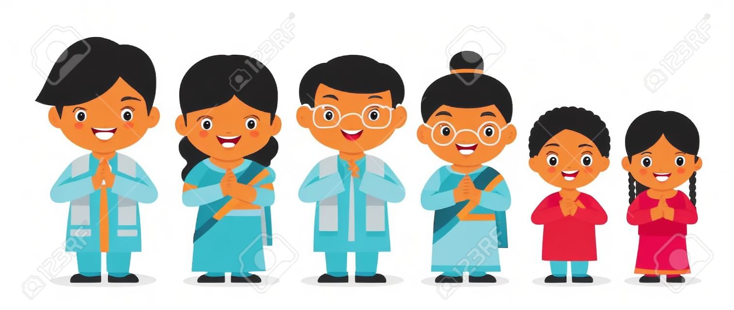 Set of cute cartoon indian family isolated on white background. Diwali or deepavali character in flat vector design. Father, mother, grandfather, grandmother, brother & sister.