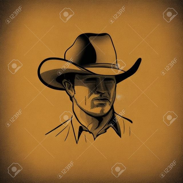 Man with cowboy hat. Western. Portrait. Digital Sketch Hand Drawing Vector. Illustration